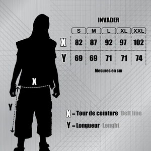 May include: Size chart for men's clothing in sizes S, M, L, XL, and XXL. The chart shows measurements in inches for waist and length. The chart is labeled "INVADER".