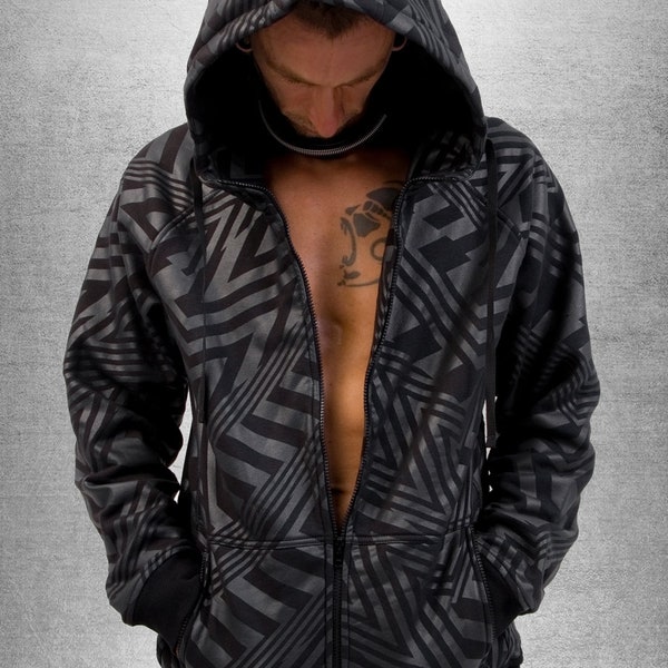 Zipped hoodie - black sweatshirt with pocket - geometric pattern printed - Warm vest for festival - Street wear - X-wave - TUNKSA