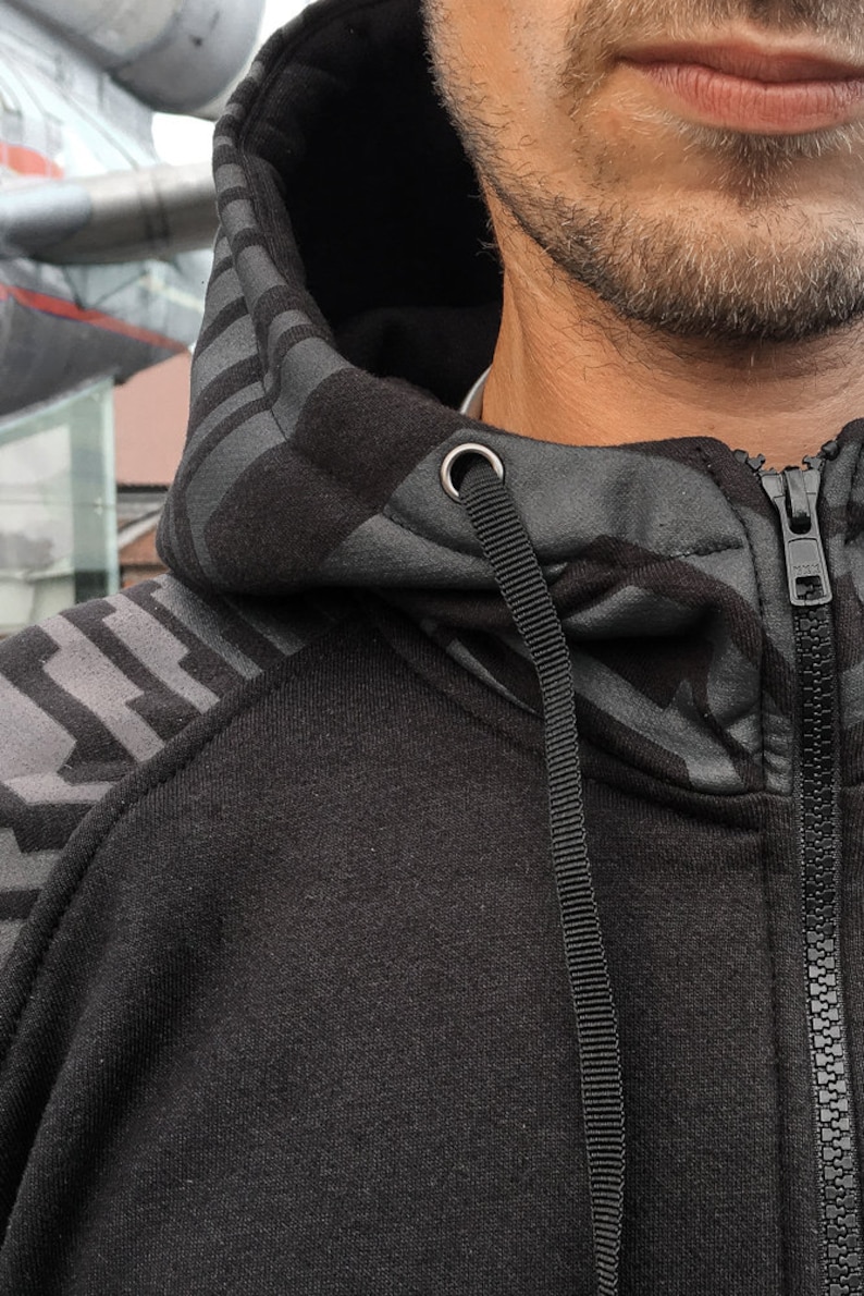 geometric pattern printed TUNKSA Street wear Frekuency Warm vest for festival Zipped hoodie black sweatshirt with pocket
