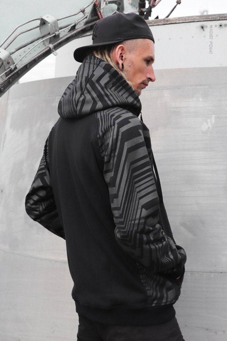 geometric pattern printed TUNKSA Street wear Frekuency Warm vest for festival Zipped hoodie black sweatshirt with pocket