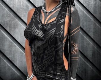 Black top with geometric screen printed pattern for women, Techno futurist style, Festival clothing, Sexy top for summer, Cödex 3, TUNKSA