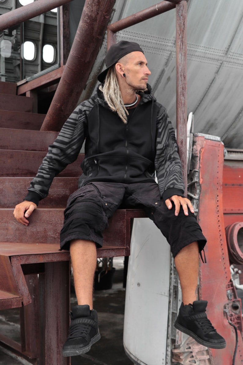 geometric pattern printed TUNKSA Street wear Frekuency Warm vest for festival Zipped hoodie black sweatshirt with pocket