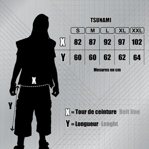 May include: A size guide for Tsunami clothing, featuring a black silhouette of a person. The guide includes measurements in centimeters for waist (X) and length (Y), with sizes ranging from S to XXL. Text includes "GUIDE DES TAILLES" and "Mesures en cm."