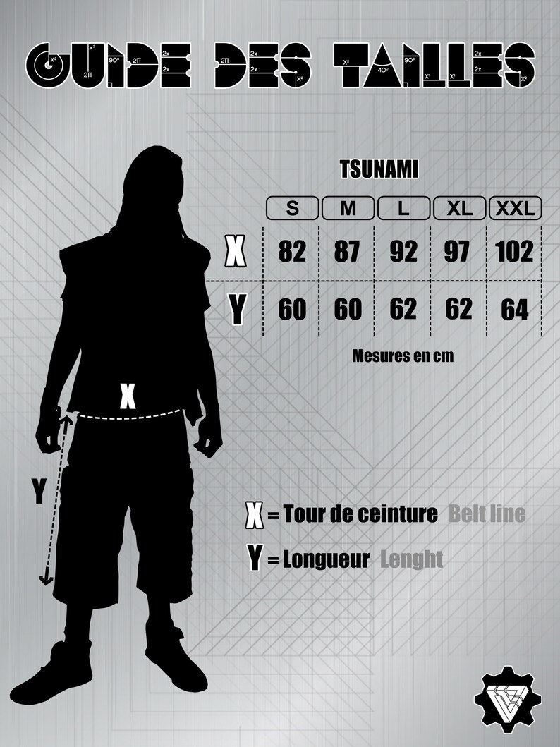 May include: A size guide for Tsunami clothing, featuring a black silhouette of a person. The guide includes measurements in centimeters for waist (X) and length (Y), with sizes ranging from S to XXL. Text includes "GUIDE DES TAILLES" and "Mesures en cm."