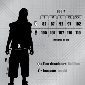May include: A size guide chart with the text "GUIDE DES TAILLES" at the top. The chart includes measurements in centimetres for waist (X) and length (Y) for sizes S to XXL. The brand name "GOOFY" is also visible.