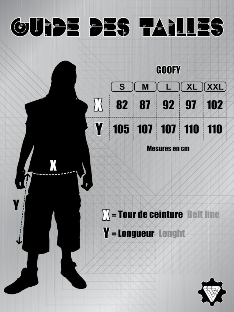 May include: A size guide chart with the text "GUIDE DES TAILLES" at the top. The chart includes measurements in centimetres for waist (X) and length (Y) for sizes S to XXL. The brand name "GOOFY" is also visible.