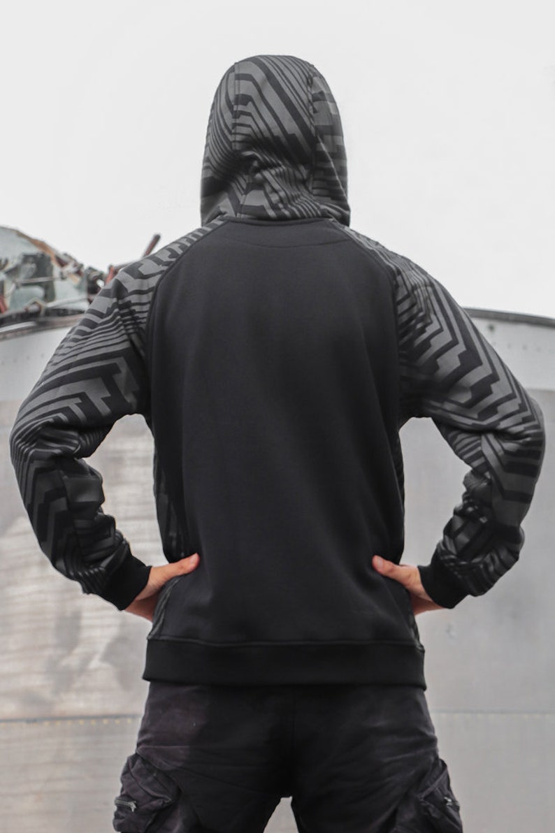 geometric pattern printed TUNKSA Street wear Frekuency Warm vest for festival Zipped hoodie black sweatshirt with pocket