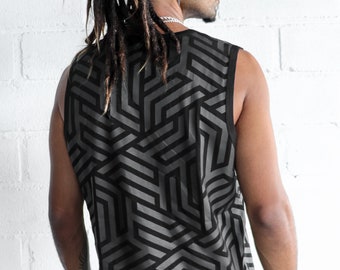 Geometric pattern tank top, Festival clothing, Futuristic techno style, Street wear fashion, Labyrinth, TUNKSA