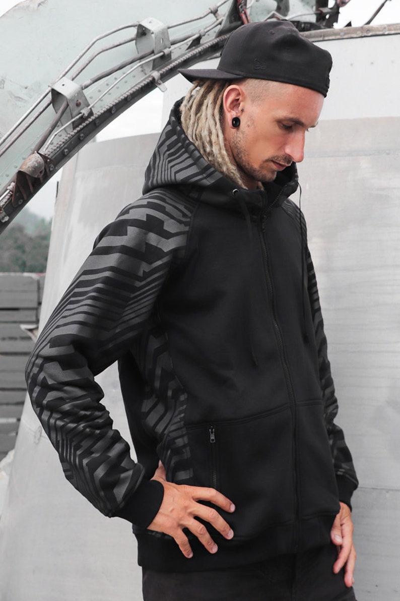 geometric pattern printed TUNKSA Street wear Frekuency Warm vest for festival Zipped hoodie black sweatshirt with pocket