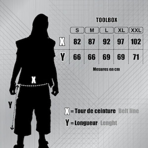 May include: A size guide chart titled GUIDE DES TAILLES featuring a black silhouette of a person. It includes a table for TOOLBOX sizes S through XXL with measurements X for belt line and Y for length in cm, plus a gear-shaped logo at the bottom.