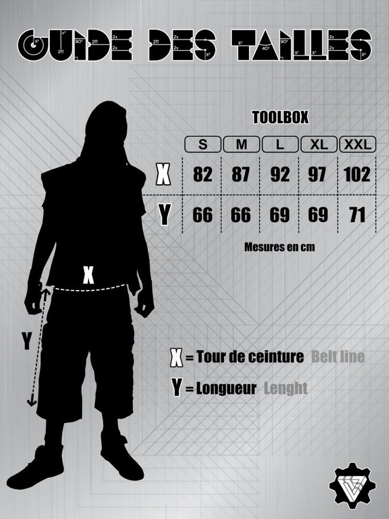May include: A size guide chart titled GUIDE DES TAILLES featuring a black silhouette of a person. It includes a table for TOOLBOX sizes S through XXL with measurements X for belt line and Y for length in cm, plus a gear-shaped logo at the bottom.