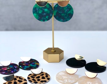 Circular Resin and Metal Semi-circle earrings/Resin and Metal Earrings/Resin Disc Earring/Ivory Green Black Leopard Multi-colored Earring