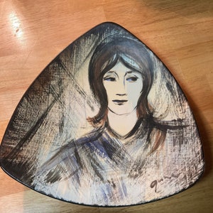 Holland Mold, Hand-painted portrait of a woman on triangular plate. Signed. Mid-Century.