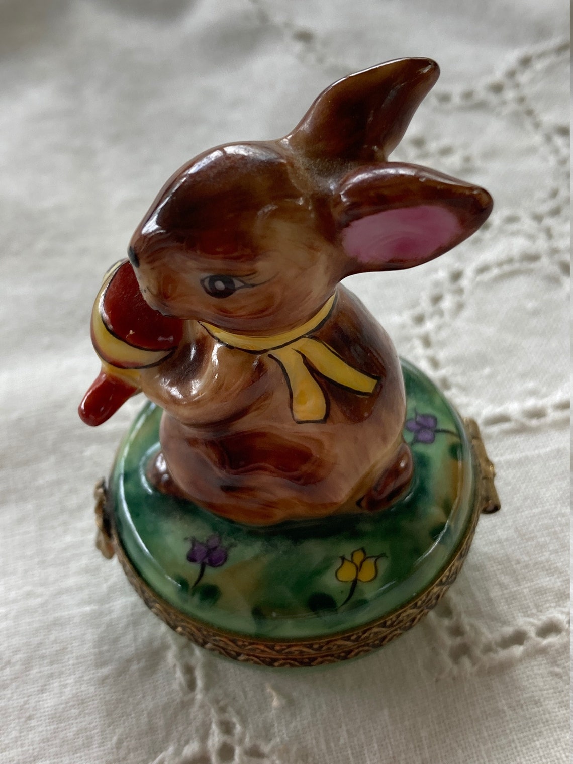 Vintage Limoges, Peint Main, Trinket Box, Bunny With a Watering Can