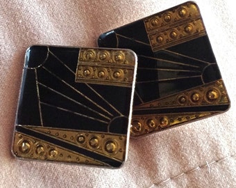 Black and gold Art Deco post earrings: stylized sunburst
