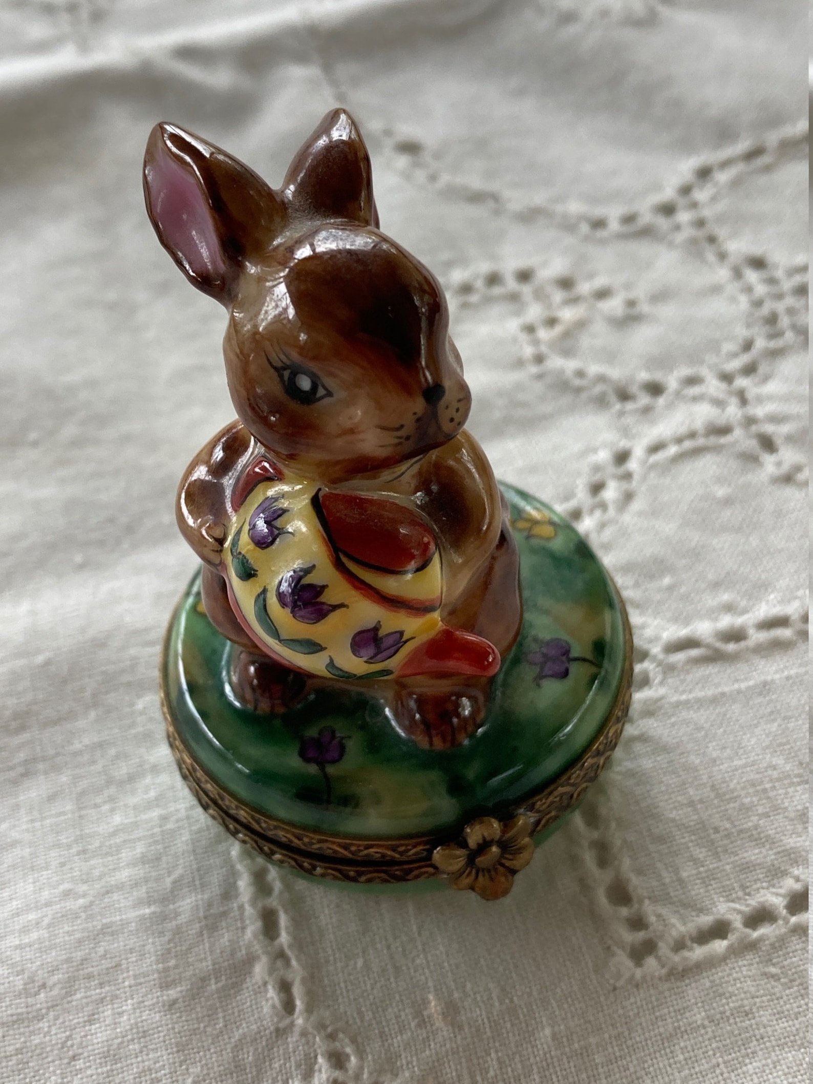 Vintage Limoges, Peint Main, Trinket Box, Bunny With a Watering Can