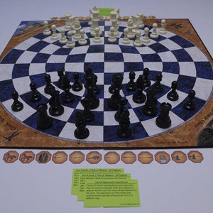 May include: A chess set with a blue and white checkered board, surrounded by a brown border with illustrations. The chess pieces are black and white. Additional game pieces and cards are included.