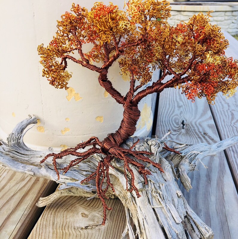 Autumn in Maine Copper Wire Bonsai Tree Sculpture on Pine Knot Etsy