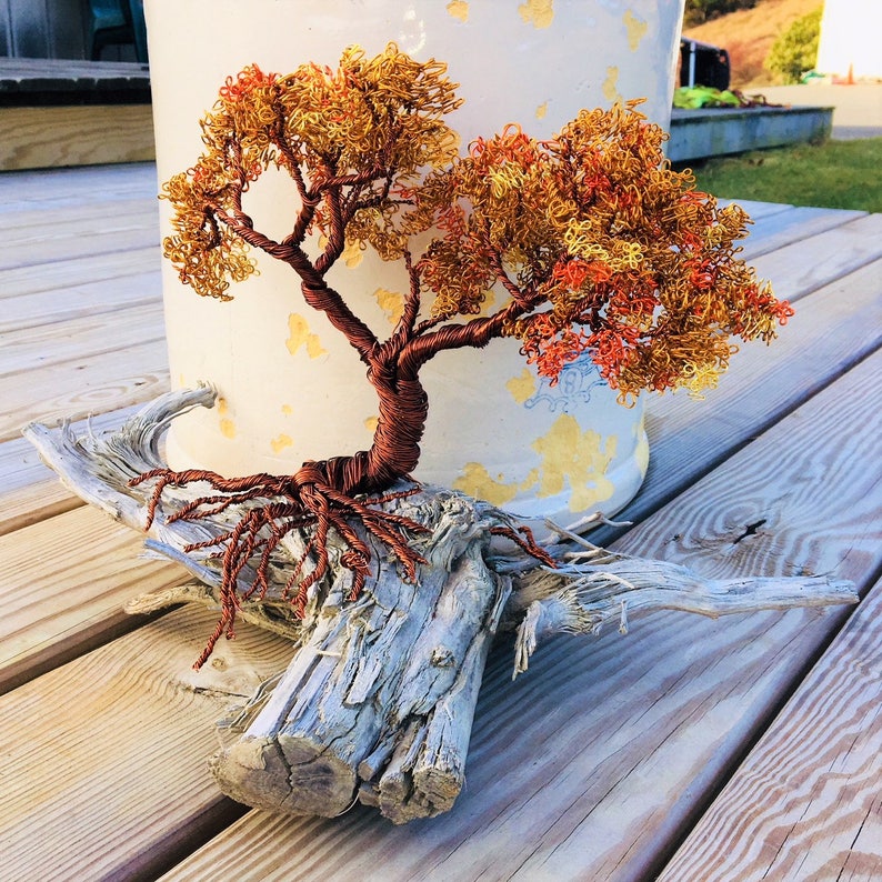 Autumn in Maine Copper Wire Bonsai Tree Sculpture on Pine Knot - Etsy