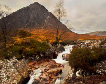 Glencoe Falls Print | Scotland Photography | Scottish Highlands | Landscape Photography | Waterfall Photography | Orange Wall Decor | Sky