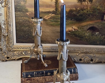 Antique 19th Century Bronze Figural Candlestick Holders – Neoclassical Pair with Lion Paw Feet