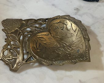 Vintage Solid Embossed Brass Heart Dish – Gold Metal Vanity Tray with Floral Leaf Design, Catchall for Coins, Keys, Jewelry or Soap dish