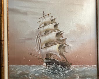 Vintage Sailboat at Sea Oil Painting on Cavas in a Beautiful wooden frame, Ship painting, clipper ship oil painting