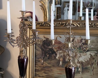 Antique Bronze Candelabra Pair Porcelain Column Purple Violet Five Arm Ornate Candle Holders Antique Style Table Decor