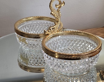 Vintage Belgian Crystal Double Serving Dish Dolphin Handle Gold Gilt Rim | Divided Candy Nut Bowl Compote