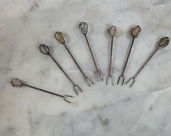 Mid Century Semi-Precious Stone Cocktail Forks & Picks – 2 Sets of 7 Pcs, Vintage Appetizer Forks, Hors d’oeuvres Picks, Retro Barware, 3.5”