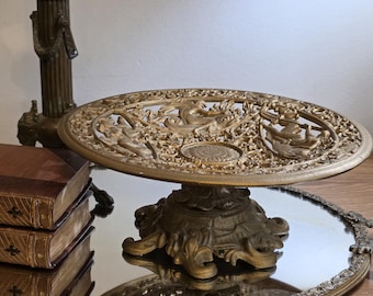 Victorian Style Gold Gilt Cast Iron Tazza Tray Dolphin Motif Ornate Pedestal Compote Vintage Centerpiece Decor