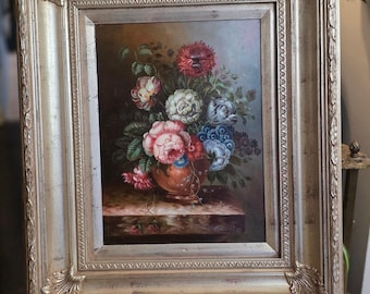 Vintage Floral Wall Art in Ornate Silver Leaf Frame, Framed Floral, Shabby Chic Cottage Decor, Victorian wall art
