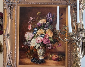 Vintage Floral Still Life Oil Painting L Szabo Signed Gold Gilt Frame Traditional Flower Artwork Vintage Wall Decor
