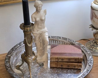 Vintage Silver Plate Footed Tray Round Serving Tray Hollywood Regency Vanity Coffee Table Decor