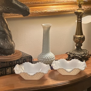 Vintage Hazel Atlas Milk Glass Candy Dish 6&quot; Quilted Ruffled Diamond, Set of two and E.O. Broady hobnail milk glass Vase
