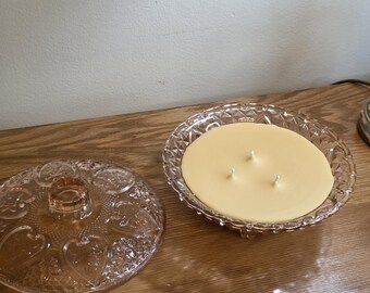 Handmade Beeswax Candle in Vintage Pink Glass Candy Dish Coconut Sandalwood Amber Summer Decor