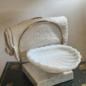 Vintage Art Deco Style Soap Dish – Milk Glass Shell with Brass & Marble Base