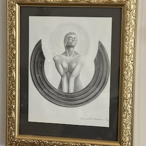 Signed & Numbered Sketch of Woman with Halo – Framed in Gold – 14” x 17”