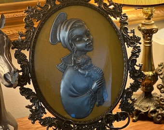 1970s Vintage Ornate bubble glass frame Madonna and Child Wall Hanging Virgin Mary with Baby Bronze Yellow