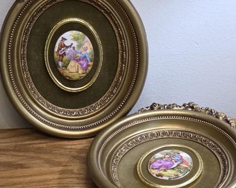 Vintage Victorian Cameo Creation Gold Framed Portraits Pair | Oval Frames | Hand Painted Porcelain Courting Couple Wall Decor