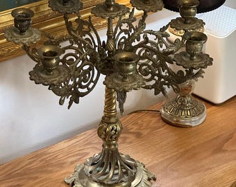 Vintage Solid Brass 8-Arm Candelabra – Elegant Multi-Candle Holder with Central Stem – 18.5” Tall