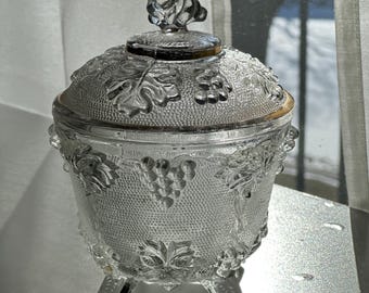 Jeanette Depression Glass Candy Dish, Footed Lid Embossed Harvest Grape Hobnail 1950’s