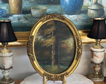 Vintage Wood & Plaster Frame with Moody Forest River Oil Painting | Rustic Landscape Wall Art | Gold Gilt Frame | European Antiques