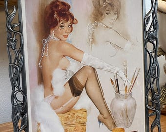 Vintage Pin-Up Girl Print in Silver Frame – Classic Retro Art – 10” x 12”