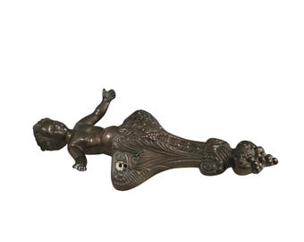 Vintage Metal Cherub Architectural Salvage | Religious Church Altar Angel Figure | Brass Wash Metal Ornament | Gothic Decor