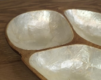Vintage Monkey Pod Wood Divided Dish Capiz Shell Mother of Pearl Inlay Mid Century Serving Tray Boho Entertaining Decor