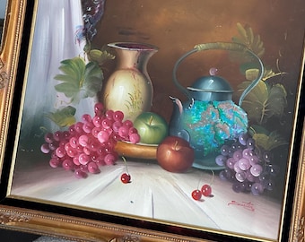 Vintage Still Life Oil Painting – Fruit, Teapot, Ornate Gold Frame