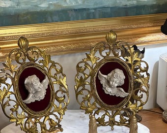 Vintage Birgerton Style Ornate Brass Frame with Cherub – Velvet Backing, Aged Patina, Antique Home Décor