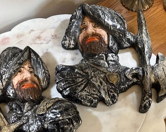 Vintage 1960s Spanish Conquistador Chalkware Wall Plaques | Pair of Knight Soldier Reliefs | Mid Century Spanish Revival Decor