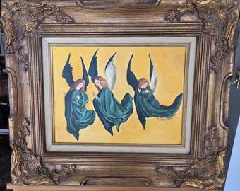 Richard Poznar Three Angels Acrylic Painting Framed Signed | Chicago Artist, Vintage Wall Art Decor, original painting, ornate frame